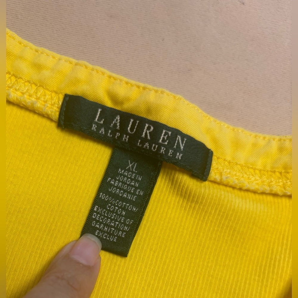 Lauren Ralph Lauren Women's Shirt Sz XL Yellow Lace-Up V-Neck Ribbed Cotton FLAW - Picture 3 of 16